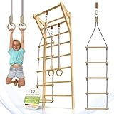 Juskys® Sprossenwand für Kinder - mit Klimmzugstange, Indoor Klettergerüst mit Turnringen und Strickleiter, Kletterwand fürs Kinderzimmer, Turnstange
