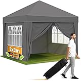 NATURIZ® Pavillon 3x3 Wasserdicht Stabil Winterfest und UV 50+ Schutz - Faltpavillon mit Seitenwänden - Pop Up Zelt für Garten, Camping, Märkte - Gartenpavillon (Grau, 3x3m)