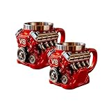 2 Stück V8 Motor Kaffeetasse, Kreative V8 Motor Becher Auto Tasse, Lustigen Automechaniker Kaffeebecher mit Isoliertem Henkel, Detailliertem Dekoration Für Tassen Auto Thema Geschenk Für Männer Väter