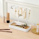 Diompirux Elegantes-Weiß Schmuckständer mit 5 Haken, Schmuckhalter mit Holz Aufbewahrungsbasis, kompakt Schmuck Organizers, für Ketten, Ohrringen, Ringen, Uhren, Armbändern, Deko Aesthetic Accessoires