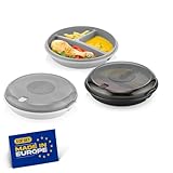 Winkly® Bento-Schüssel, 3er Set Mikrowellen Teller, Mikrowellengeschirr, Multischale mit 3 Fächern & Rund –Frischhaltedose luftdicht–Mahlzeiten getrennt aufbewahren & (Grau & Schwarz & Weiß)