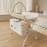 OHMG klappbare Wickelkommode Wickeltisch, Baby Wickelkombi, mit Wickelauflage Sicherheitsgurt und Ablagefächern, platzsparend stabil,mobiler wickeltisch,Baby Changing Table (B-Milchweiß)
