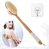 Badebürste Rückenbürste mit Langem Stiel Naturborsten Holz 2 in1 für Baden Duschen Cellulite Massage (Griff aus Hanfseil)