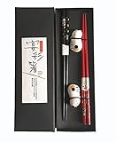 Endepri Japanische EssStäbchen 4er Chopsticks Set 22.5cm Rot und Schwarz Holz Chinesische Geschirr Set 2 Paar Mit Keramik Katze Halter