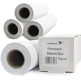 Netuno 4 Rollen Plotterpapier Weiß 90g 594 mm x 50 m 50 mm 2 Zoll Kern Zeichenrollen matt Inkjet Standardrolle für Großformatdrucker Kopierer Baupläne technische Zeichnungen Engineering Papier CAD