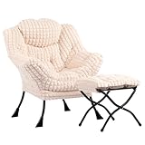 HollyHOME Sessel mit Hocker Sessel Wohnzimmer Relax Sessel, Ohrensessel mit Hocker Lesesessel Sessel Schlafzimmer Loungesessel Armlehnensessel, Plüsch Beige
