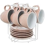 DRW Set mit 6 Tassen und Ständer aus Porzellan und Metall, 9 x 8 x 9 cm, Weiß und Pfirsich, Medidas: 9x8x9 cm