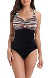 Laorchid Badeanzug Damen Bauchweg für Damen Bademode V Ausschnitt Badeanzug Monokini high Waist Sport Schwimmanzug Raffung Böhmen Streifen mit Schwarz XXXL