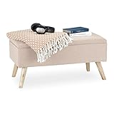 Relaxdays Sitzbank mit Stauraum, gepolstert, Holzbeine, Truhenbank Stoffbezug, HxBxT: 39,5 x 79,5 x 39,5 cm, beige