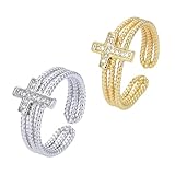 LIFKOME Verstellbare Offene Strass Kreuzringe 2 Stück aus Metall für Damen und Teenager Funkelnder Statement Ringschmuck Hautfreundlich Langlebig