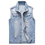 KUDORO Herren Denim Weste Zerrissen Jeansweste Ärmellose Biker Casual Freizeitweste(S,Hellblau)