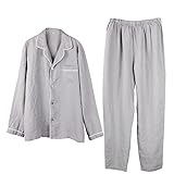 RAKUYUME Schlafanzug Herren 100% Leinen Pyjama Lang mit Knopfleiste Nightwear Set Langarm weiche Nachtwäsche Krankenhaus Pyjamahose