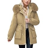 daunenmantel damen, Wintermantel Damen Mit Fellkapuze Gefüttert Mantel - Winterparka Funktionsparka Kapuze Jacke Lang Plüschjacke Mädchen Winterjacke Lange Daunenjacke Warm Parka Steppjacke Casual Dau