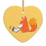 Sonnenblumenkerne und Füchse aus Keramik, Herzdekoration, gelbes Band, für Weihnachtsbaum, Geschenk und gemütliche Heimdekoration