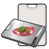 HI NINGER 2-in-1 Doppelseitiges Edelstahl Schneidebrett für die Küche aus 304 Edelstahl in Lebensmittelqualität und PP, für Fleisch, Gemüse & Brot, leicht zu reinigen, mit Messer (38 × 27 cm)