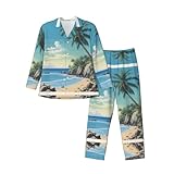 ERSDWRE Herren-Pyjama-Set mit Palmen-Aufdruck 'Rocky Shore' mit langen Ärmeln, Knopf, warme Loungewear, Schwarz , XXL