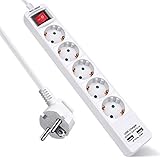 ExtraStar 5 Fach Steckdosenleiste mit 2 USB, Mehrfachsteckdose mit Schalter und Kindersicherung,Steckerleiste 1.5m Kabel,16A, 3680W, Weiß