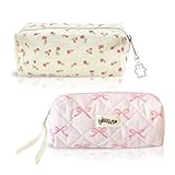 OPVXZAD Kosmetiktasche mit Blumenmuster, Rosa Schleife Kosmetiktasche, 2 Stücke Make Up Tasche Damen, Federtasche mit Reißverschluss, Federmäppchen Mädchen, Kulturtasche für Mädchen (Gelb & Rosa)
