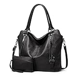 TAN.TOMI Handtasche Damen, Elegante Vintage Umhängetasche Groß, Weiche Schultertasche Set Damen Crossbody Shopper Tasche mit Abnehmbarem Schulterriemen, Schwarz
