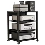 Wzmazingly 4-stufiger AV-Medienständer, HiFi Rack Audio Regal Mit Verstellbaren Einlegeböden, Stereoschrank Mit Rollen, Audiokomponenten-Rack Für Zuhause/Büro/Kino(Black)