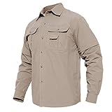 MAGCOMSEN Herren Langarmhemd Us Army Hemd Shirt Leicht Outdoor Wanderhemd Herren Sommer Schnelltrocknendes Safari Hemden Freizeit Arbeitsshirt Angeln Jagd Tropenhemd Khaki 2XL