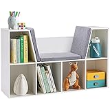 HOMCOM Bücherregal Kinder Kinderregal mit Sitzhocker 6 Fächern 3 Kissen Spielzeugregal Kinderbücherregal Spielzeug-Organizer für Spielzimmer Kinderzimmer 103 x 30 x 62 cm Weiß+Grau