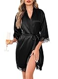 Lovasy Bademantel Damen Satin Kurz Kimono Manschetten aus Spitze Sexy Japanisch Morgenmantel für Damen Braut Team Bride Hochzeit Party Pyjama mit Gürtel,Schwarz,S