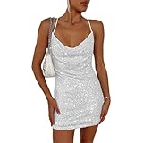 EMOTTOS Pailletten Glitzer Minikleid, Sexy Frauen Rückenfreies Neckholder Kleid mit Futter, Soft Swing Saum Bodycon Kleid, Glänzende Tube Club Cocktail Party Pencil Kleider(Schwarz/Silber, S-XL)
