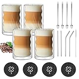 Dadabig 4er Set Doppelwandige Latte Macchiato Gläser, 350ml Borosilikatglas Kaffeetassen mit Strohhalmen Löffeln Untersetzern und Pinsel Eiskaffee Gläser Teegläser Trinkgläser