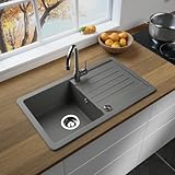 LINDBERGH® Granit Spüle + kompl. Siphon und Imprägnierung mit Abtropffläche, Einbauspüle Küchenspüle Spülbecken - Verbundstoffe MADE IN GERMANY (VEL33-760 x 440 mm (Grau))