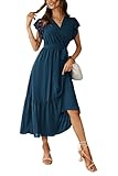 Awemeal Kleid Damen Sommer Elegant V-Ausschnitt Kurzarm Lang Sommerkleid Boho Blumenkleid mit Gürtel Rüschen Saum Wickelkleid Strandkleid A Linie Fließend Maxikleid （XL, See Blau）