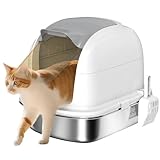 PawHut Katzenklo Edelstahl mit Deckel, Katzentoilette mit Wanne, inklusive Streuschaufel, für Katzen unter 5 kg, 52,4 x 41,3 x 42 cm, Weiß