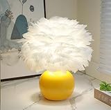 SXYSXYSXY LED Feder Moderne Tischlampe Kreativ Keramik Nachttischlampe Dimmbar Nachtlicht Tischleuchte Feder Lampenschirm Dekorative für Schalfzimmer Wohnzimmer 30 * 32CM,Weiß
