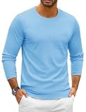 TACVASEN Atmungsaktiv Tshirt für Herren Freizeit Langarm Rundhalsshirts Männer Einfarbige Baumwollhemd Herbst Sommer Shirt mit Brusttasche WaterBlue L