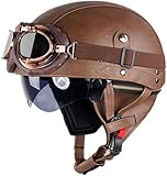 Retro Helm Motorradhelm Lederhelm Jethelme Vintage Mopedhelm Mit Brille ECE Zertifiziert Motorradkreuzer-Rollerhelm im Deutschen Stil (Braun (Farbe),XL/61-62cm)