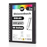 perfect ideaz - 3er Set Skizzenbuch DIN-A4, Spiralbindung, FSC® zertifiziert, 96 Seite (48 Blatt), Hardcover Schwarz, Sketchbook, 200 g/m² dickes Papier, säurefrei (3 Bücher)