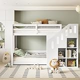 Dolamaní Hochbett Etagenbett 2 Kinder 90x200 cm mit Treppe, Kinderbett Mit & Schließfächern & Rausfallschutz, Kinderzimmer kinderhochbett, Stockbett für Mädchen Junge, Weiß