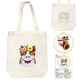 JSTHHTT Sticken Set Erwachsene, Stickpackung aus Segeltuch, Sticken Set für Anfänger, Sticktasche mit Blumenmuster, Leinen-Tragetasche weiß, Farbfäden und Werkzeug (Katze)