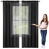 NINGBAI Gardinen Leinen Natur Wohnzimmer 90 x 150 cm Transparente Gardine aus Voile Polyester Stangendurchzug Luftig Dekoschal Wohnzimmer Vorhänge für Schlafzimmer, Schwarz
