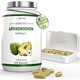 Artischockenextrakt | 365 Kapseln | 30:1 Extrakt (=72.000 mg Artischocke) | 5% Cynarin (120 mg) | 2400 mg Tagesportion | inclusive Pillenbox | Vegan