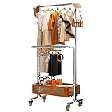 Doppelstangen Rollkleiderständer mit Rollen - Metall Kleiderständer mit Aufbewahrungskorb für Schlafzimmer Waschküche Wohnzimmer - Stabile Tragbare Platzsparende Lösung