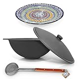 ZARENHOFF Set - Usbekischer Gusseisen Kasan 22 L runder Boden, Deckel aus Aluminiumguss Schaumlöffel 64 cm Lagan 42 cm Camping Kasan Gulaschkanone Dutch Lagan (Set - 630)