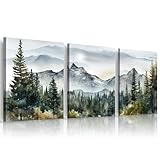 MHARTK66 Aquarell Wald Leinwand Bilder Set Schlafzimmer, 3-teilig Wandbilder Wohnzimmer Natur Landschaft Bild Aesthetic, Modern Wanddeko Kunstdruck Badezimmer Büro Esszimmer Küche