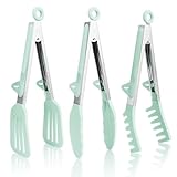 3 Stück Edelstahl Zange Küche mit Silikonspitzen küchenzange edelstahl fleischzange edelstahl küchenzangen Nudelzange Grillzange Kochzange Salatzange Servierzange für Salat Kochen Grillen, Grün