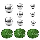 BDHYYM 8er Set Edelstahl Dekokugel Silber Spiegelkugel mit 3 Schwimmend Lotusblätter Schwimmkugeln 3 Größen 2.5 cm bis 6 cm für Mini Teich Deko Garten Teichdeko Miniteich Deko Kugeln
