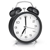 CSL - Wecker analog ohne Ticken mit Licht - LED Beleuchtung - rund - Retro Design - Glockenalarm - schwarz mit weißer Tafel – lauter Klingelton für Tiefschläfer – einfache Bedienung - schwarz