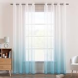 EMEMA Gardinen Transparent Vorhänge Voile Sheer Vorhang mit Ösen Farbverlauf Dekoschal Fensterschal für Schlafzimmer und Wohnzimmer 215 cm x 140 cm(H x B) 2er Set Weiß Blau