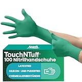 Ansell TouchNTuff 92-600,Nitril- Einmalhandschuhe, Einweghandschuhe für Lebensmittel, Chemikalienschutzhandschuhe mit hohem Schutz, Latexfreie Handschuhe, Grüne Nitrilhandschuhe, 100 Stück, Gr. L