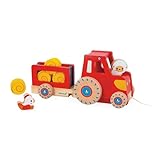 Janod - Traktor zum Ziehen - Baby- und Kleinkindspielzeug - 1 Spielzeugtraktor + 6 Zubehörteile - Geräuscharme Räder - Fördert die Motorik - Spielzeug aus FSC-Holz - Ab 12 Monaten, J03317