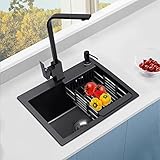 Einbauspüle Küchenspüle 45 * 40 * 20cm Edelstahl Einbauspüle Spülbecken Küchenarmatur mit Ablaufgarnitur +Seifenspender+Wasserhahn,Schwarz